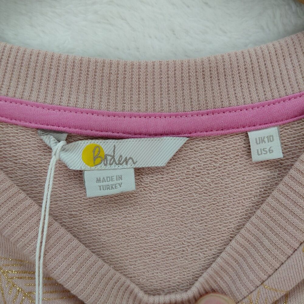 Boden Sweatshirt Womens 6 Pink Gold Metalic Leaf Floral Print Puff Sleeve NEW - Picture 7 of 13